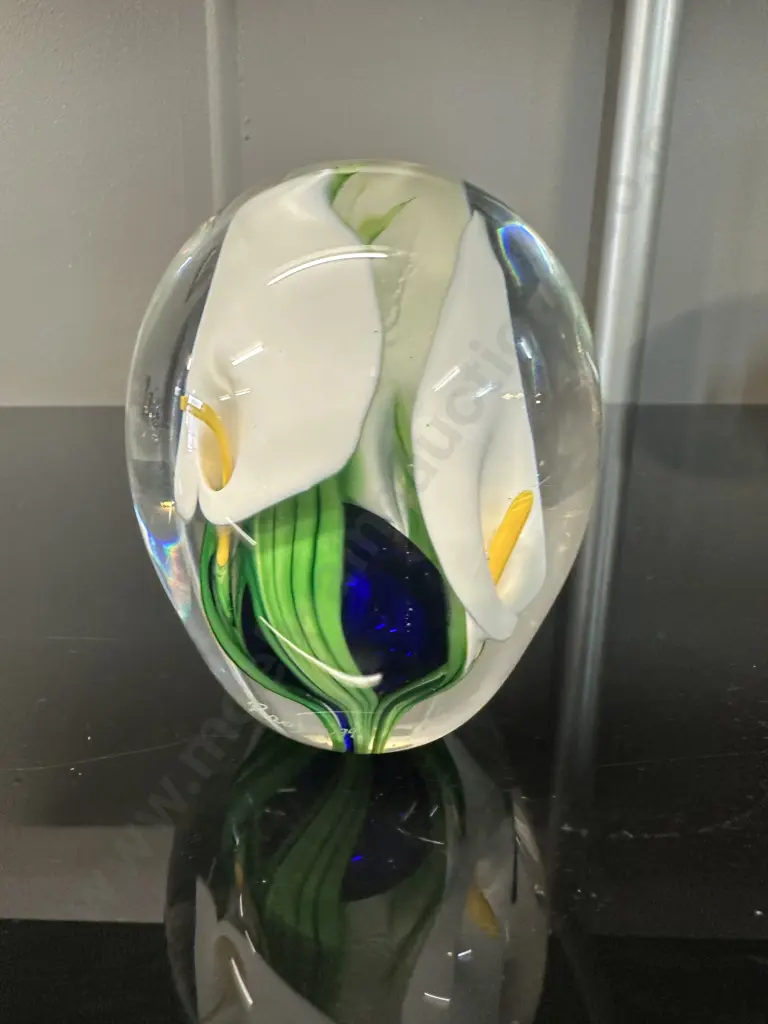 Signed Peter Raos Art Glass Paper Weight White Calla Lily Colbalt Blue Image 1++