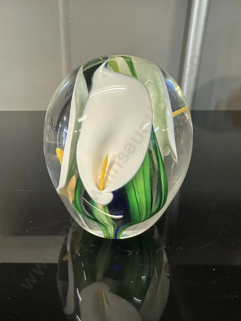 Signed Peter Raos Art Glass Paper Weight White Calla Lily Colbalt Blue Image 1++