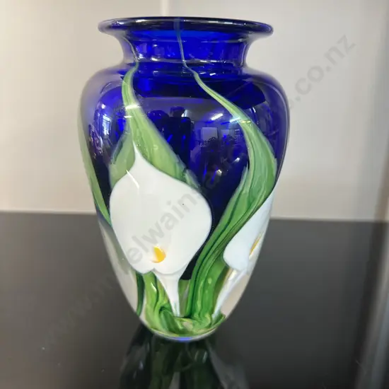 Signed Peter Raos Art Glass Vase White Calla Lily Colbalt Blue