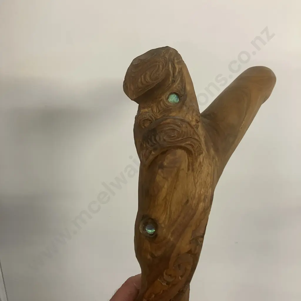 Vintage Carved Wooden Maori Walking Stick With Paua Detailing. L87cm Image 1++