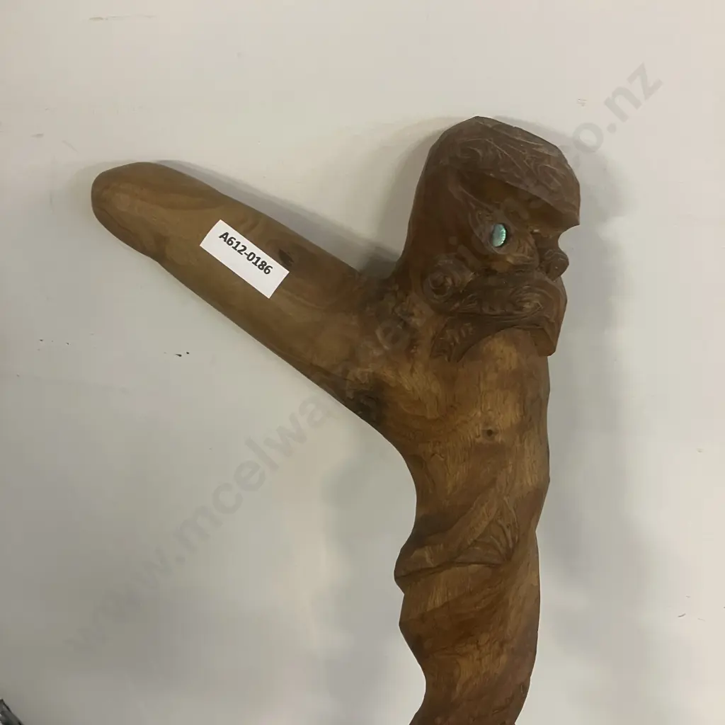 Vintage Carved Wooden Maori Walking Stick With Paua Detailing. L87cm Image 1++