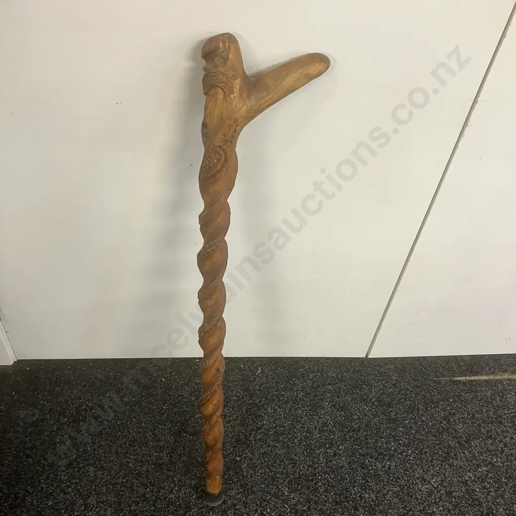 Vintage Carved Wooden Maori Walking Stick With Paua Detailing. L87cm Image 1++