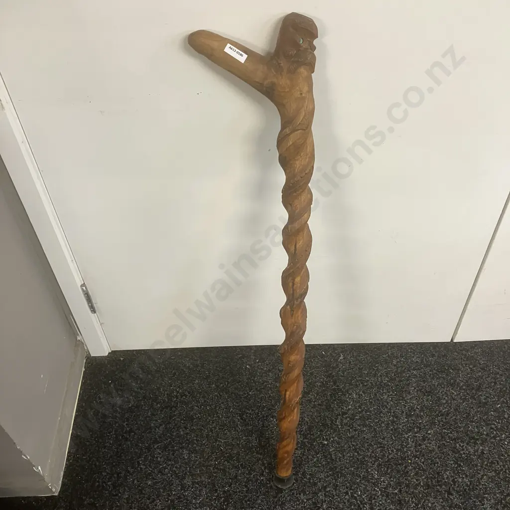Vintage Carved Wooden Maori Walking Stick With Paua Detailing. L87cm Image 1++