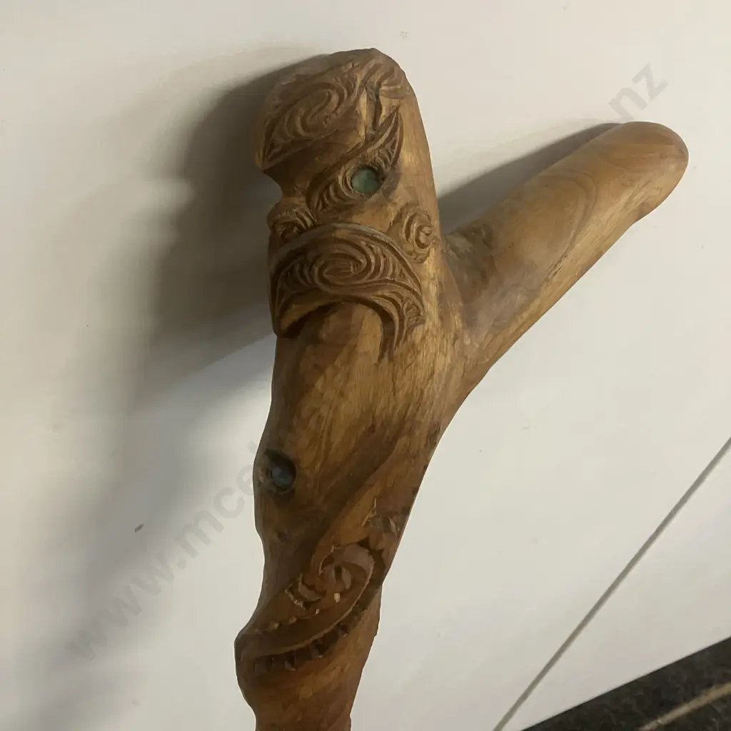 Vintage Carved Wooden Maori Walking Stick With Paua Detailing. L87cm Image 1++