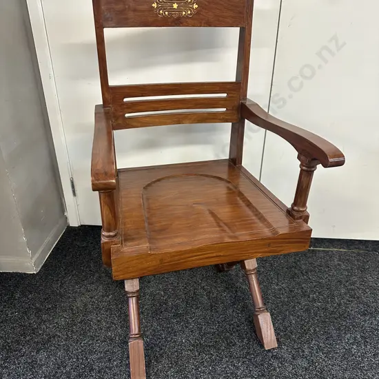 Arts & Crafts X Frame Desk Chair Moulded Seat Brass Inlay