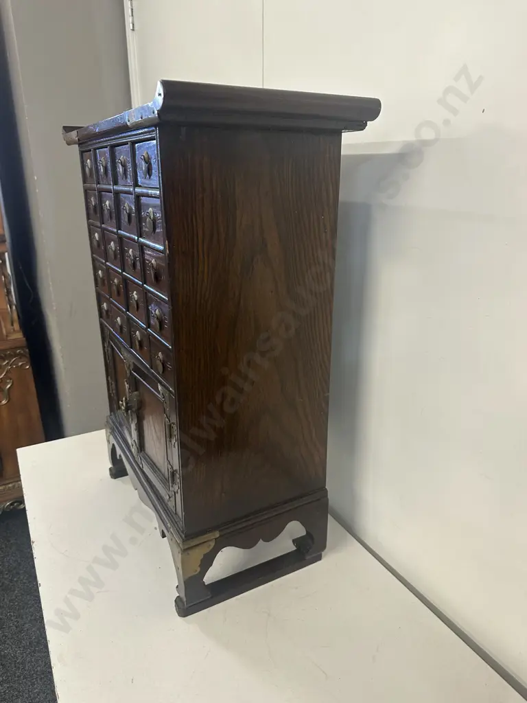 Chinese Oak Wooden Chest With 20 Small Drawers & 2 Doors Brass & Carved Detail H69,W55,D26cm. Image 1++