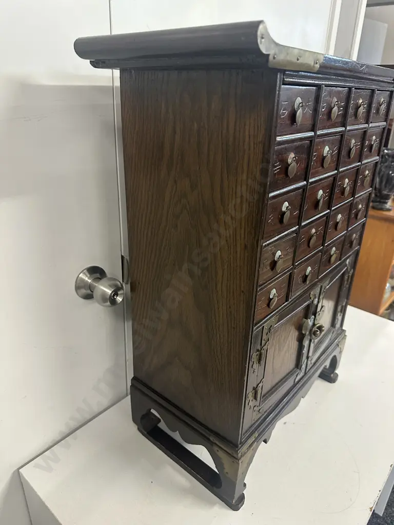 Chinese Oak Wooden Chest With 20 Small Drawers & 2 Doors Brass & Carved Detail H69,W55,D26cm. Image 1++