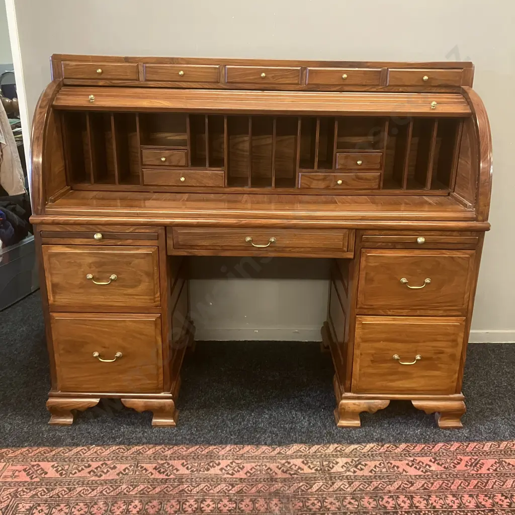 Stunning Modern Mahogany Rolltop Secretaire Kneehole Desk, 14 Drawers, Brass Handles, 2 x Pull Out Slides, Image 1++