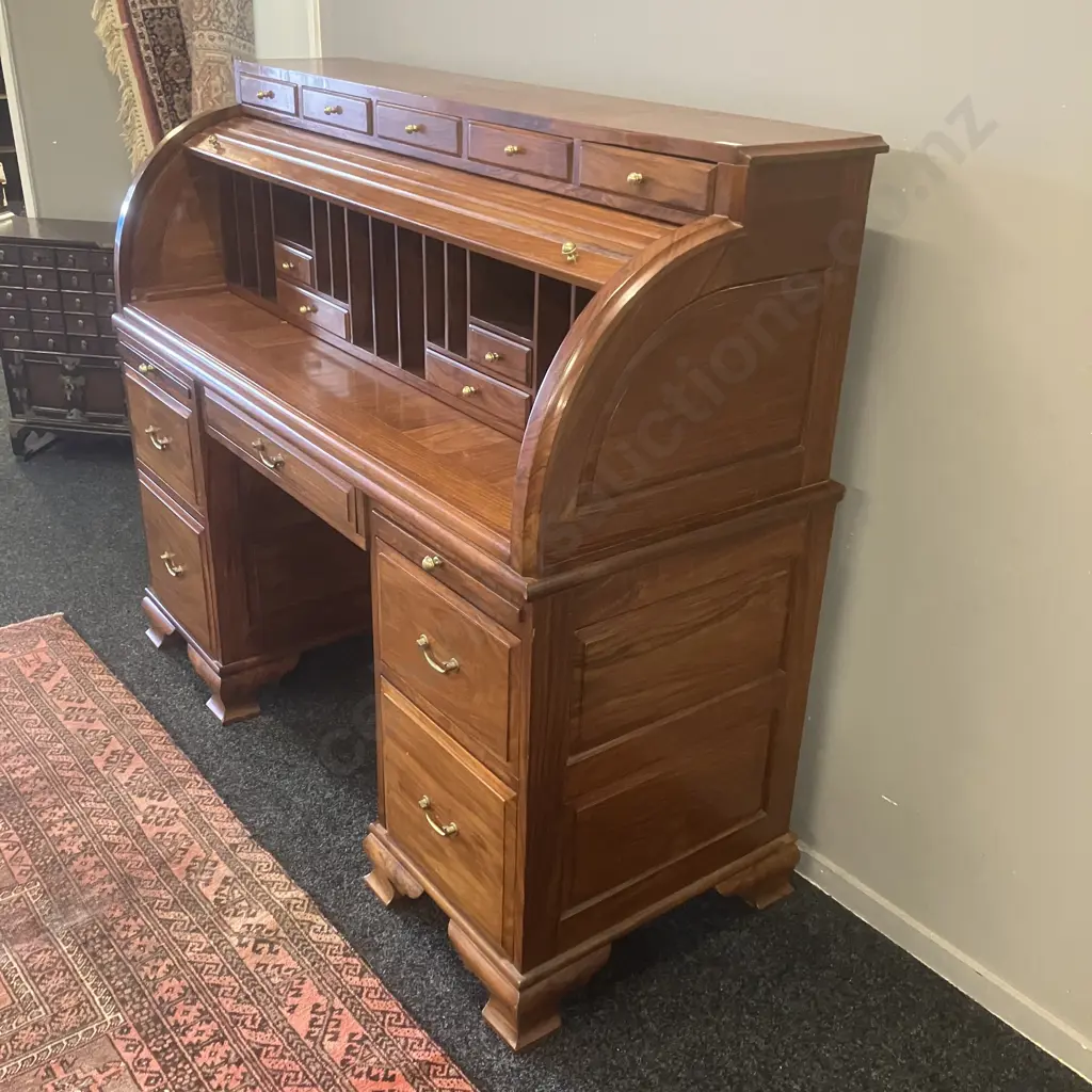Stunning Modern Mahogany Rolltop Secretaire Kneehole Desk, 14 Drawers, Brass Handles, 2 x Pull Out Slides, Image 1++