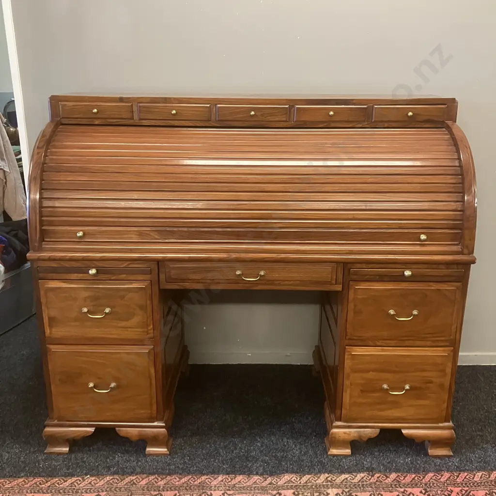 Stunning Modern Mahogany Rolltop Secretaire Kneehole Desk, 14 Drawers, Brass Handles, 2 x Pull Out Slides, Image 1++
