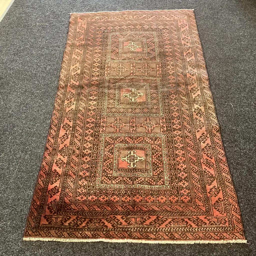 Vintage Persian Rug. 106 x 102cm Black, Pink, Brown Tones (Worn) Image 1++
