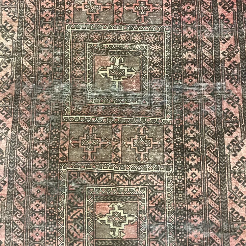 Vintage Persian Rug. 106 x 102cm Black, Pink, Brown Tones (Worn) Image 1++