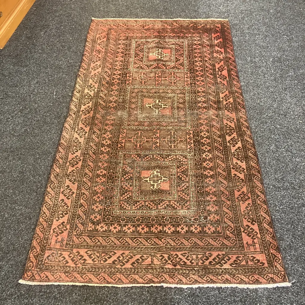 Vintage Persian Rug. 106 x 102cm Black, Pink, Brown Tones (Worn) Image 1++