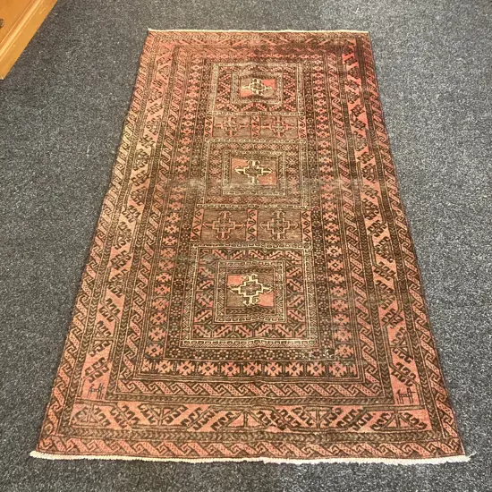 Vintage Persian Rug. 106 x 102cm Black, Pink, Brown Tones (Worn)