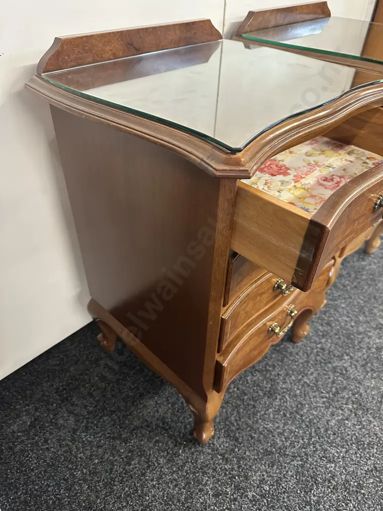 Pair Of Walnut /Inlaid Detail Four Small Drawer Bedside Tables Glass Top H72,W48,D39cm. Image 1++