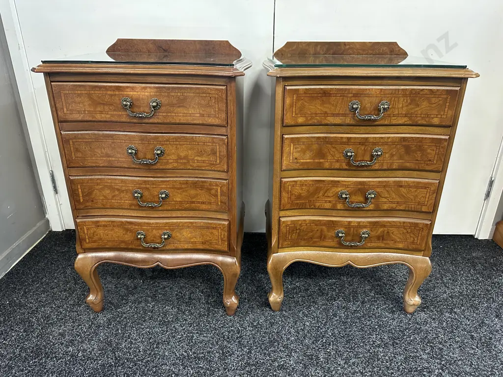 Pair Of Walnut /Inlaid Detail Four Small Drawer Bedside Tables Glass Top H72,W48,D39cm. Image 1++