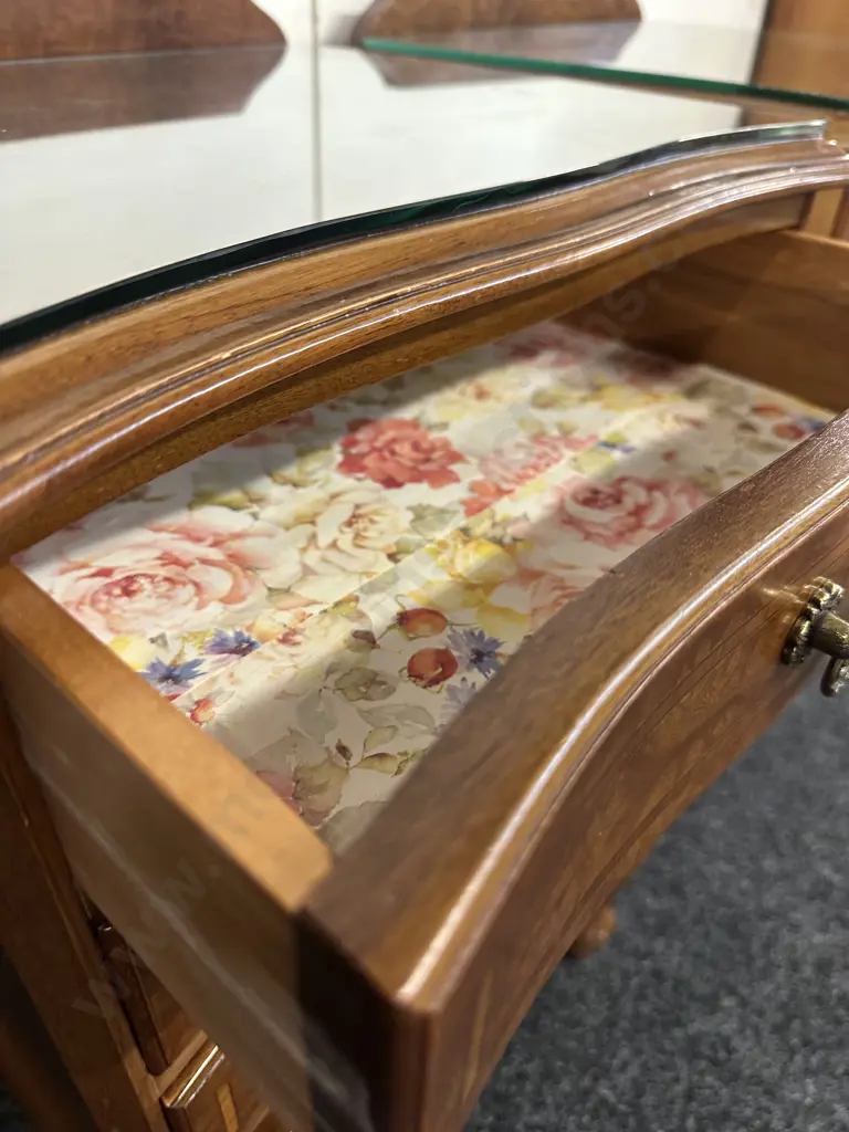Pair Of Walnut /Inlaid Detail Four Small Drawer Bedside Tables Glass Top H72,W48,D39cm. Image 1++