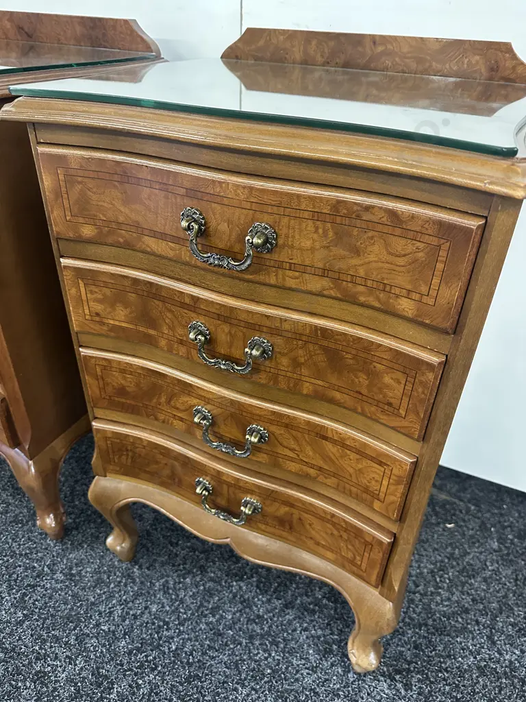 Pair Of Walnut /Inlaid Detail Four Small Drawer Bedside Tables Glass Top H72,W48,D39cm. Image 1++