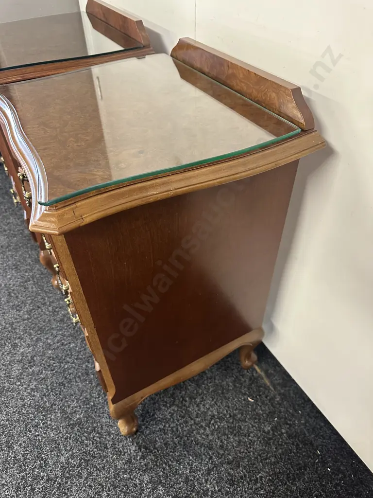 Pair Of Walnut /Inlaid Detail Four Small Drawer Bedside Tables Glass Top H72,W48,D39cm. Image 1++