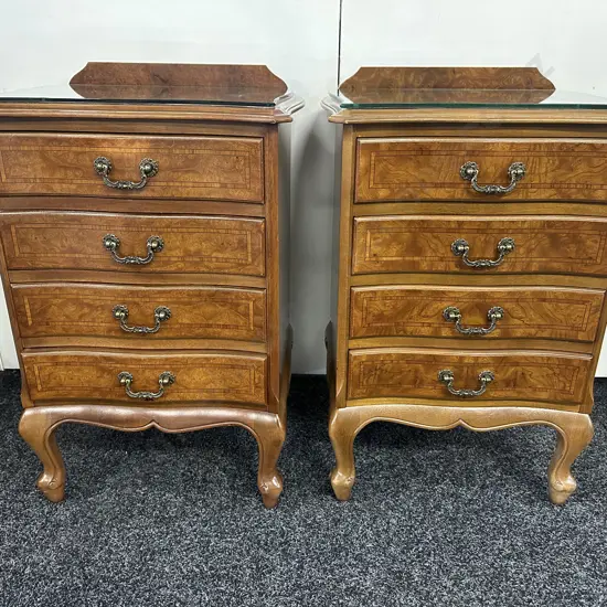 Pair Of Walnut /Inlaid Detail Four Small Drawer Bedside Tables Glass Top H72,W48,D39cm.