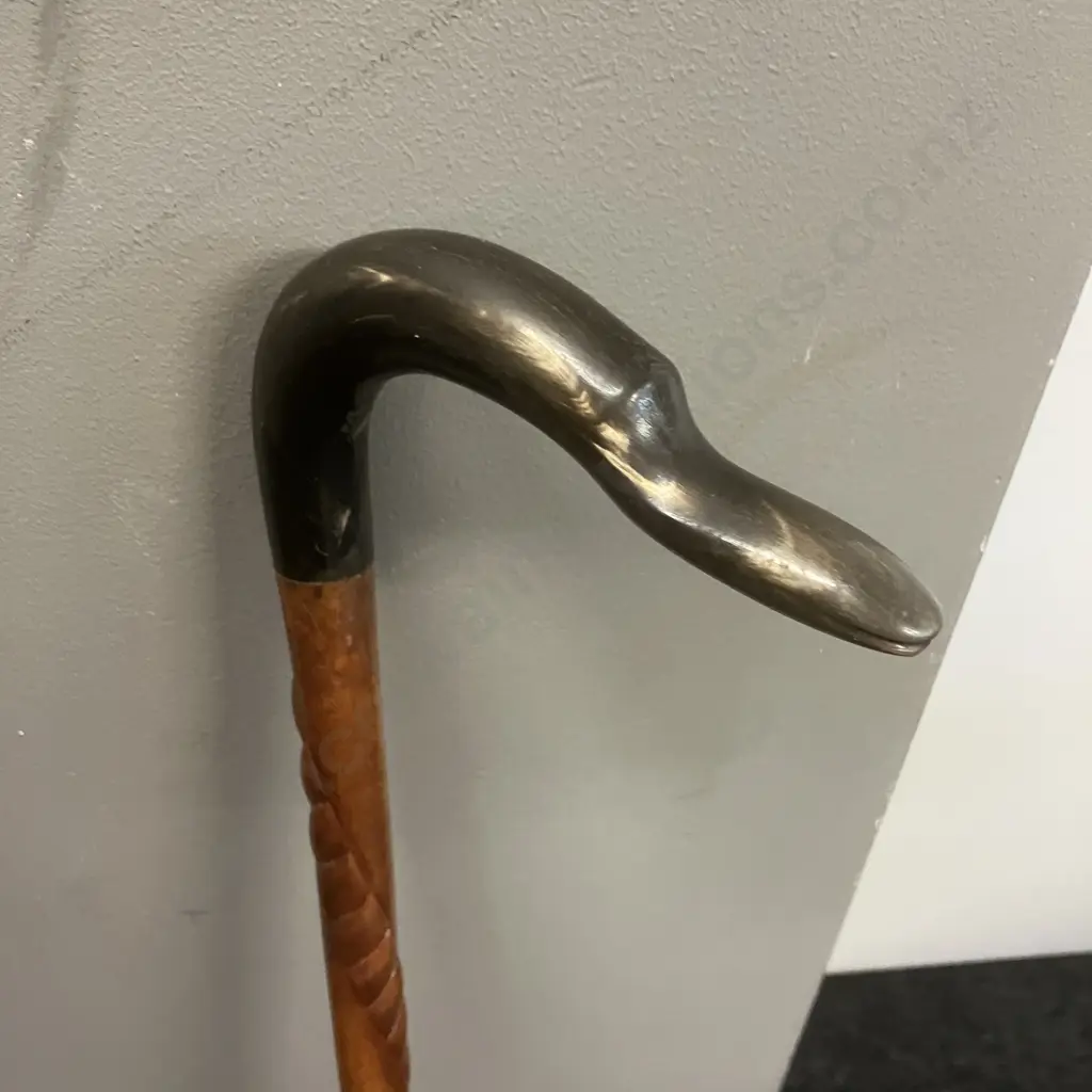 Vintage Walking Stick With Carved Shaft & Duck Shaped Handle. H94cm Image 1++
