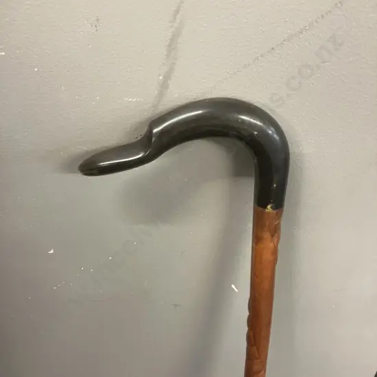 Vintage Walking Stick With Carved Shaft & Duck Shaped Handle. H94cm