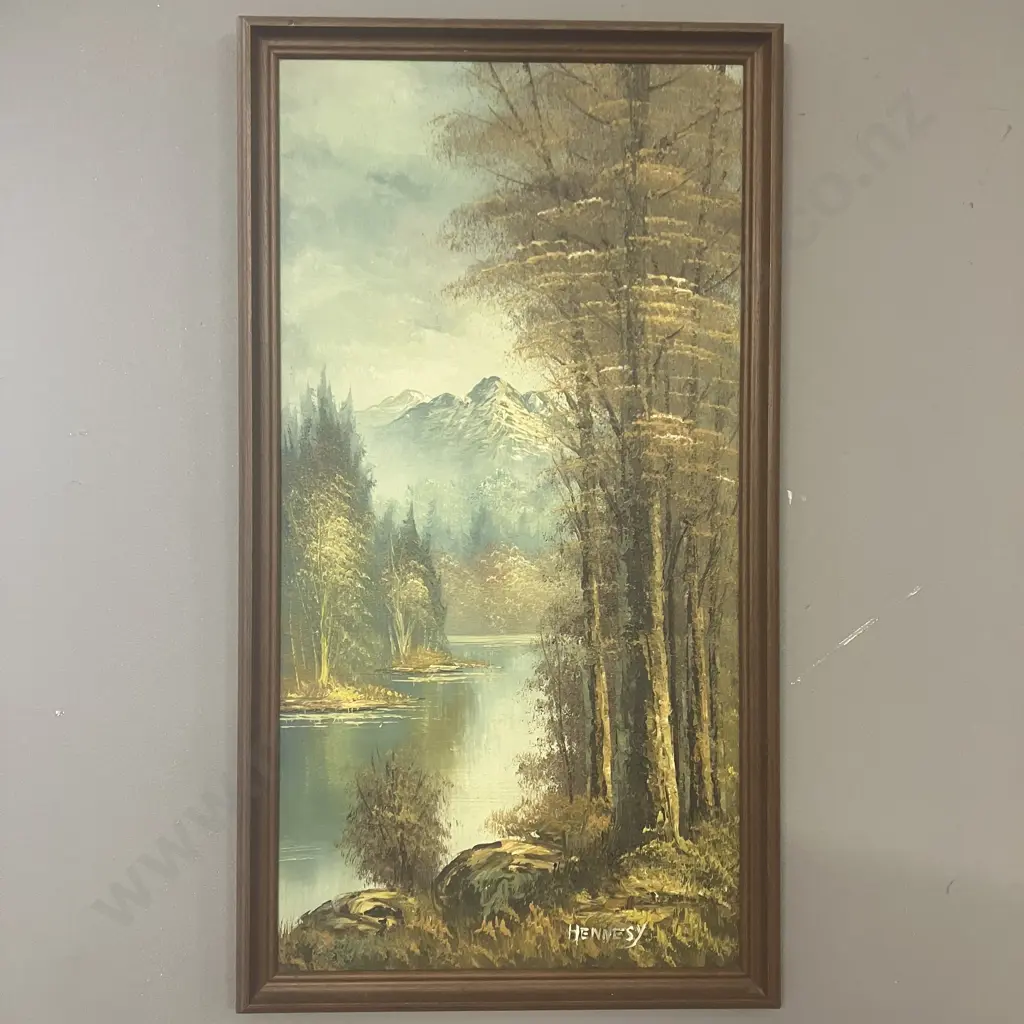 Original Artwork Forest & Mountains Signed Hennesy, Framed. 65 x 36cmcm Image 1++