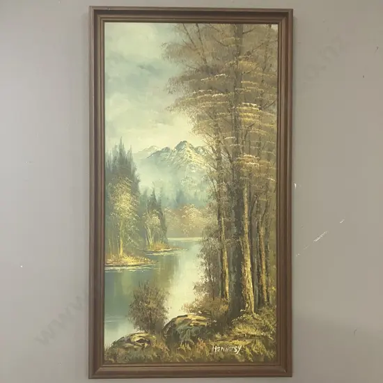 Original Artwork Forest & Mountains Signed Hennesy, Framed. 65 x 36cmcm