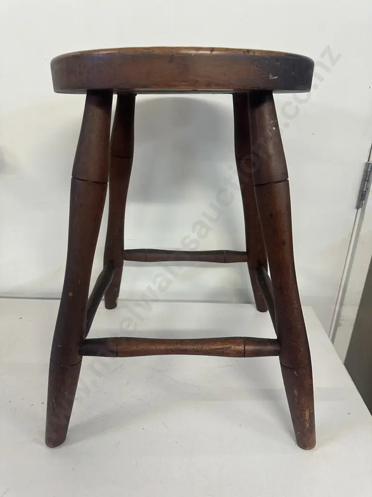 Antique Wooden Stool With Round Carved Seat H46cm. Image 1++