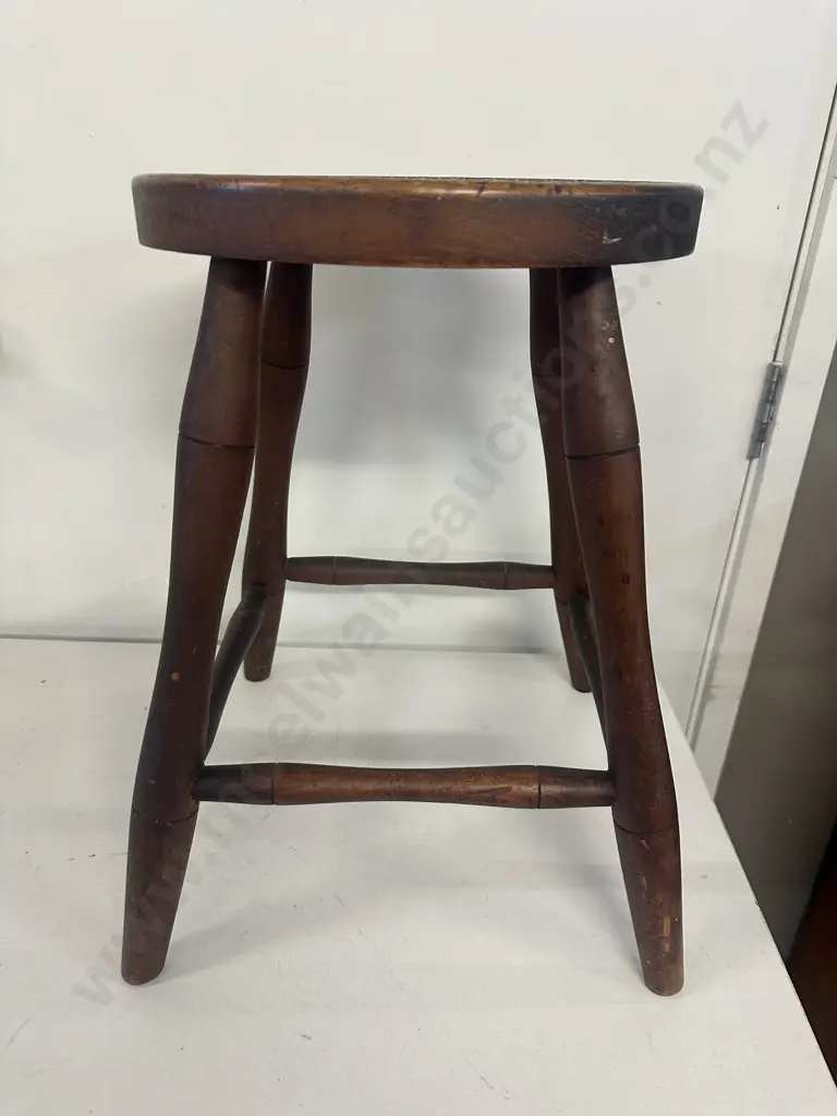 Antique Wooden Stool With Round Carved Seat H46cm. Image 1++