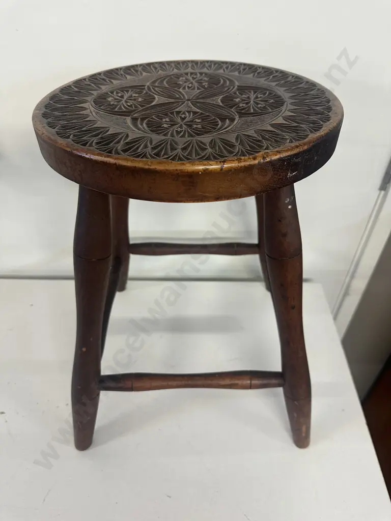 Antique Wooden Stool With Round Carved Seat H46cm. Image 1++