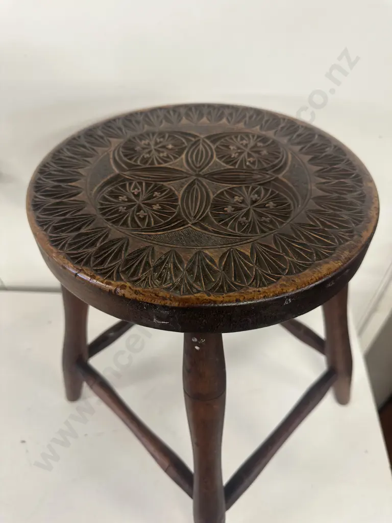 Antique Wooden Stool With Round Carved Seat H46cm. Image 1++