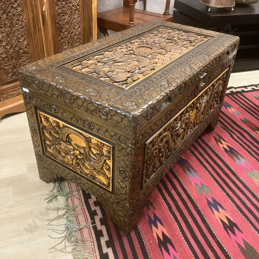 Stunning Large Vintage Camphor Wood Chest With Carved Dragons, Has Lock. H58 W101 D53cm Image 1++