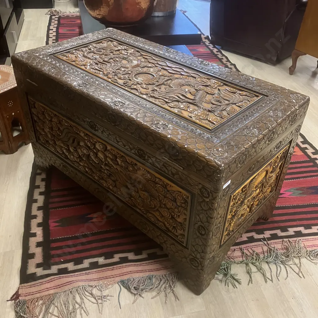 Stunning Large Vintage Camphor Wood Chest With Carved Dragons, Has Lock. H58 W101 D53cm Image 1++