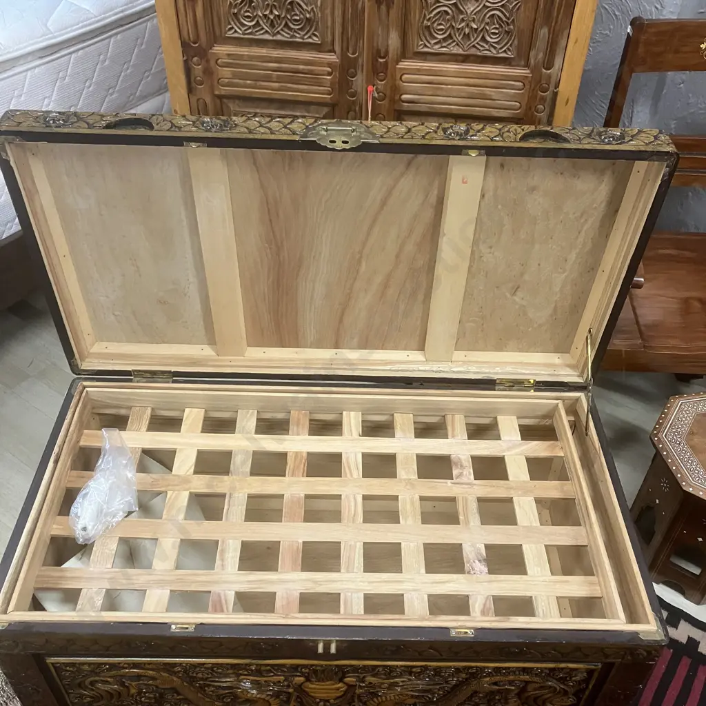 Stunning Large Vintage Camphor Wood Chest With Carved Dragons, Has Lock. H58 W101 D53cm Image 1++