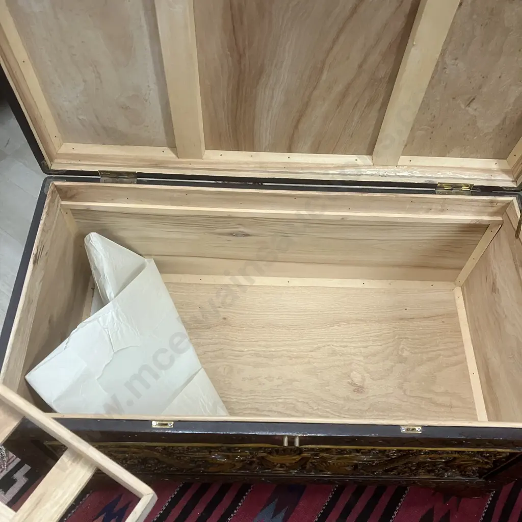 Stunning Large Vintage Camphor Wood Chest With Carved Dragons, Has Lock. H58 W101 D53cm Image 1++