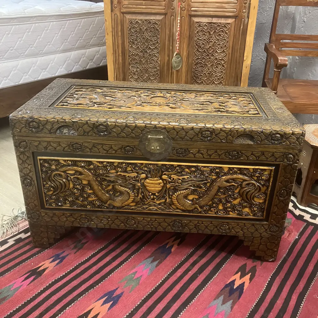 Stunning Large Vintage Camphor Wood Chest With Carved Dragons, Has Lock. H58 W101 D53cm Image 1++
