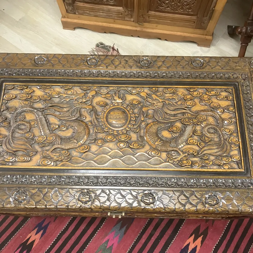 Stunning Large Vintage Camphor Wood Chest With Carved Dragons, Has Lock. H58 W101 D53cm Image 1++
