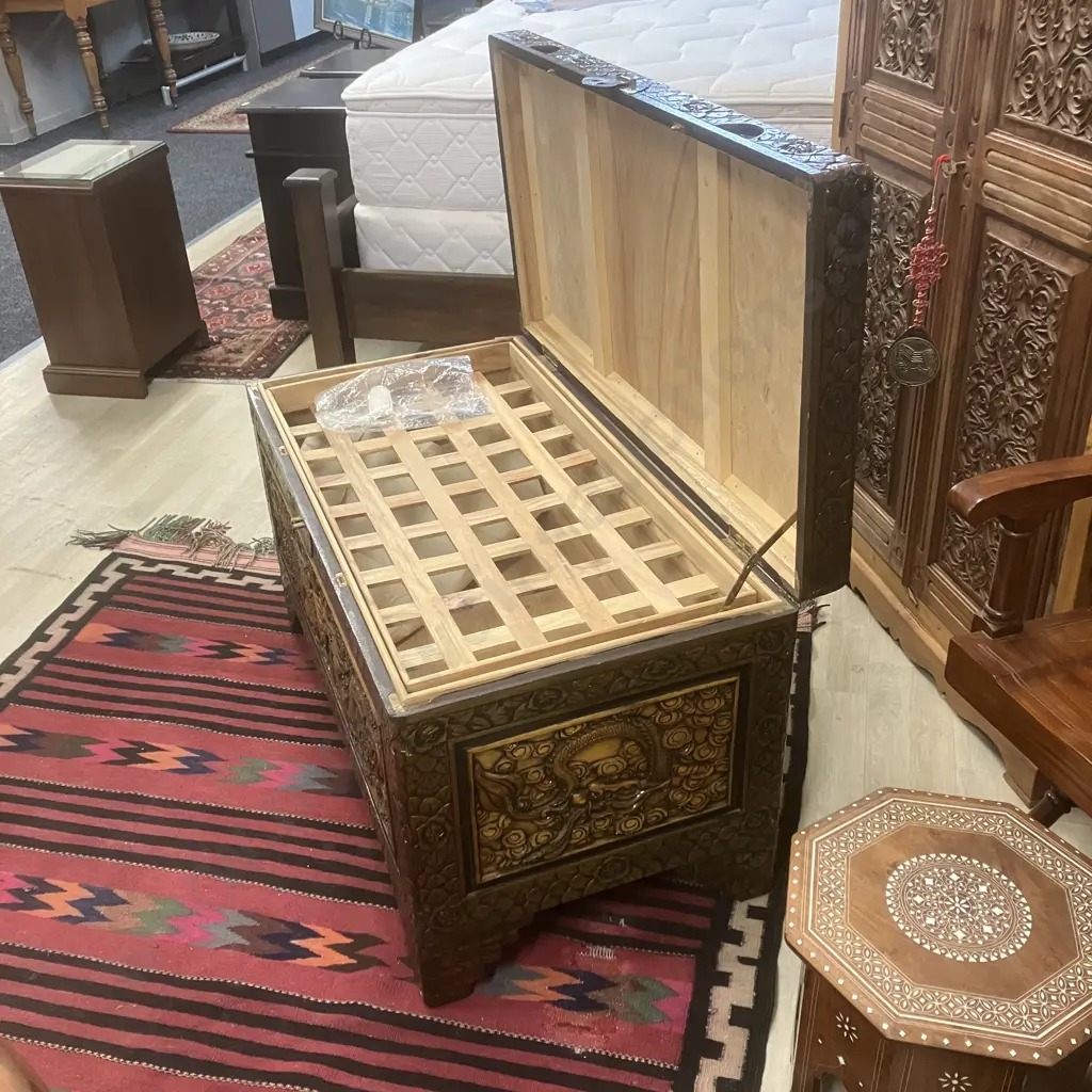 Stunning Large Vintage Camphor Wood Chest With Carved Dragons, Has Lock. H58 W101 D53cm Image 1++