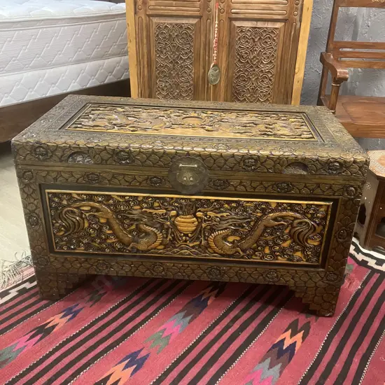 Stunning Large Vintage Camphor Wood Chest With Carved Dragons, Has Lock. H58 W101 D53cm