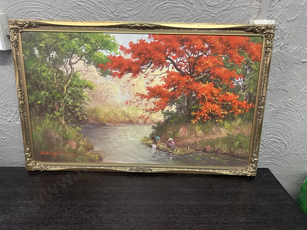 Signed Vintage Gilt Framed Artwork River Scene 57x90cm. Image 1++