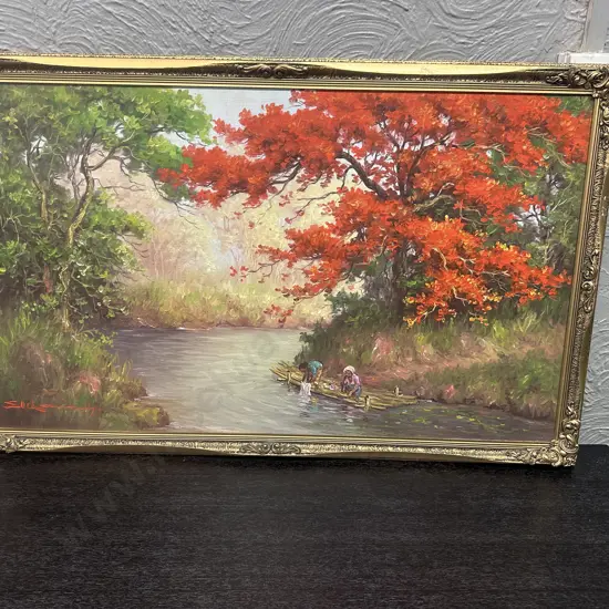 Signed Vintage Gilt Framed Artwork River Scene 57x90cm.