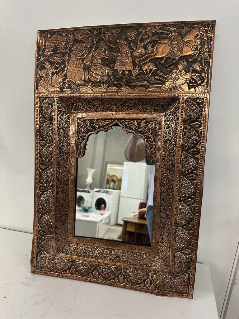 Ornate Carved Copper Framed Wall Mirror H60,W40cm. Image 1++