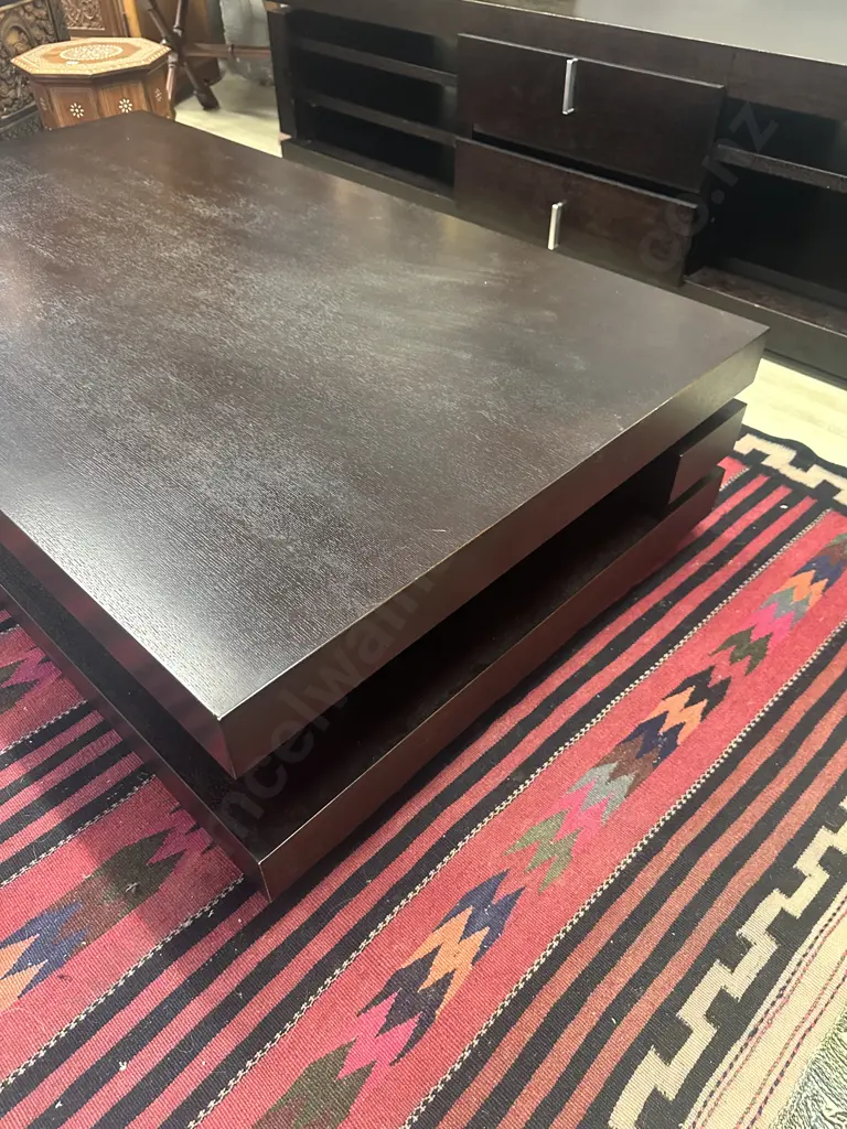 Coffee Table - Chocolate Brown Colour, 2 Tier, Round Black Feet. H34 W140 D80cm Image 1++