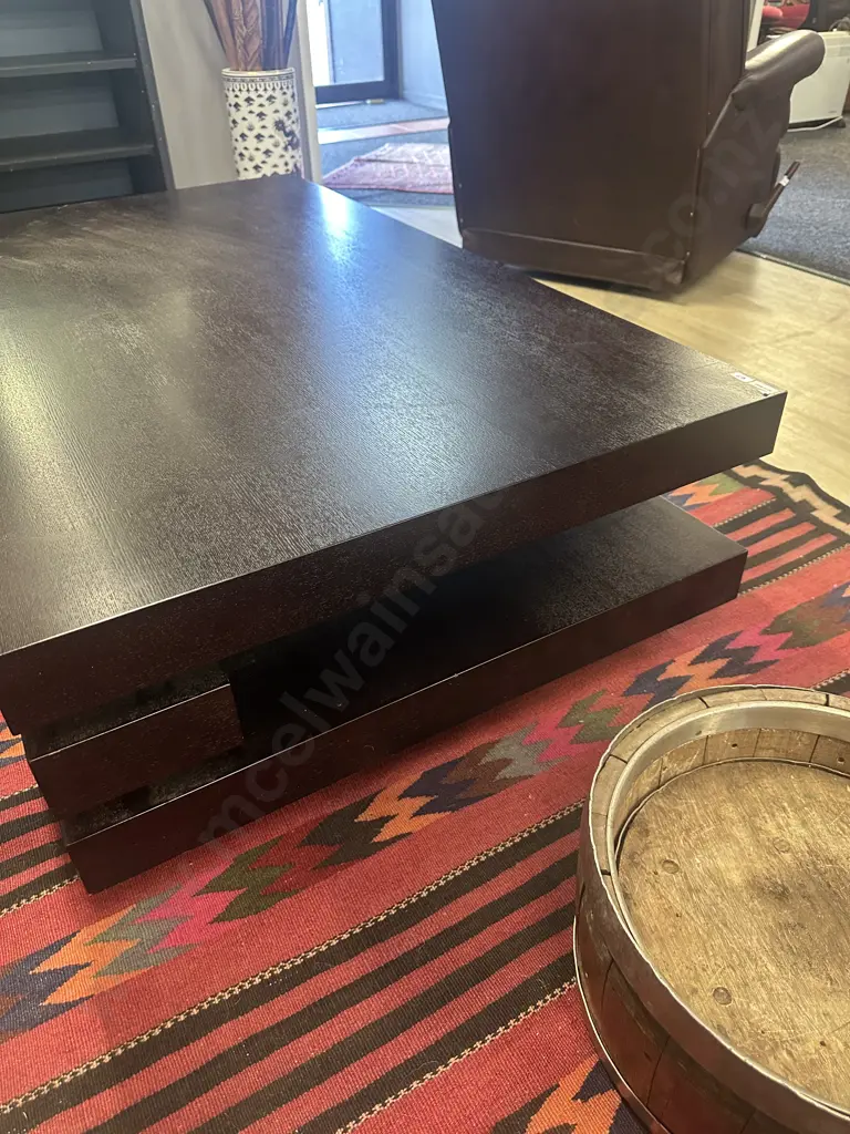 Coffee Table - Chocolate Brown Colour, 2 Tier, Round Black Feet. H34 W140 D80cm Image 1++