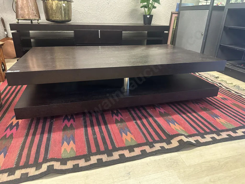 Coffee Table - Chocolate Brown Colour, 2 Tier, Round Black Feet. H34 W140 D80cm Image 1++