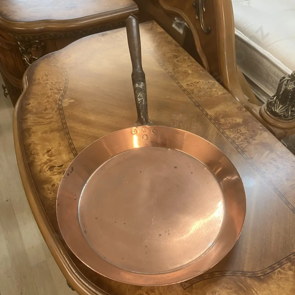 Vintage Copper 32cm Skillet Fry Pan With Wood Handle Image 1++