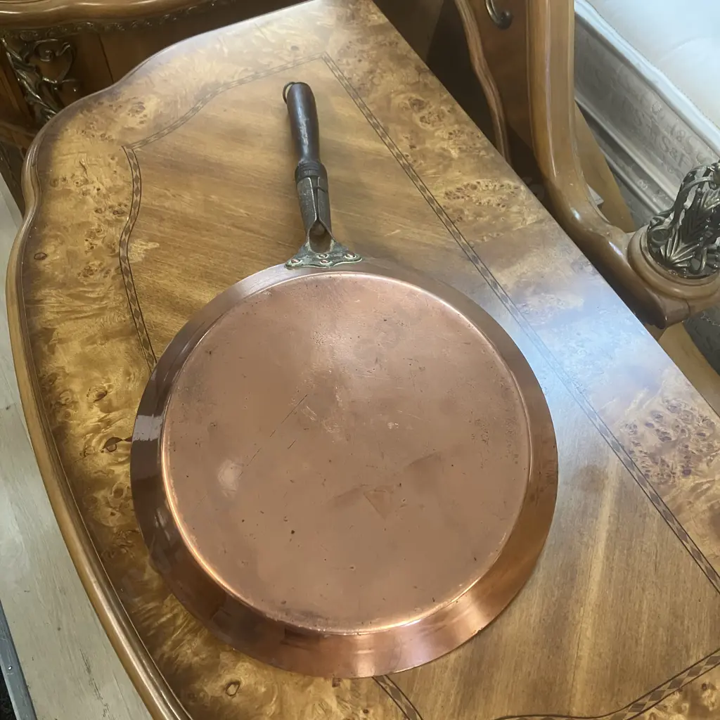 Vintage Copper 32cm Skillet Fry Pan With Wood Handle Image 1++