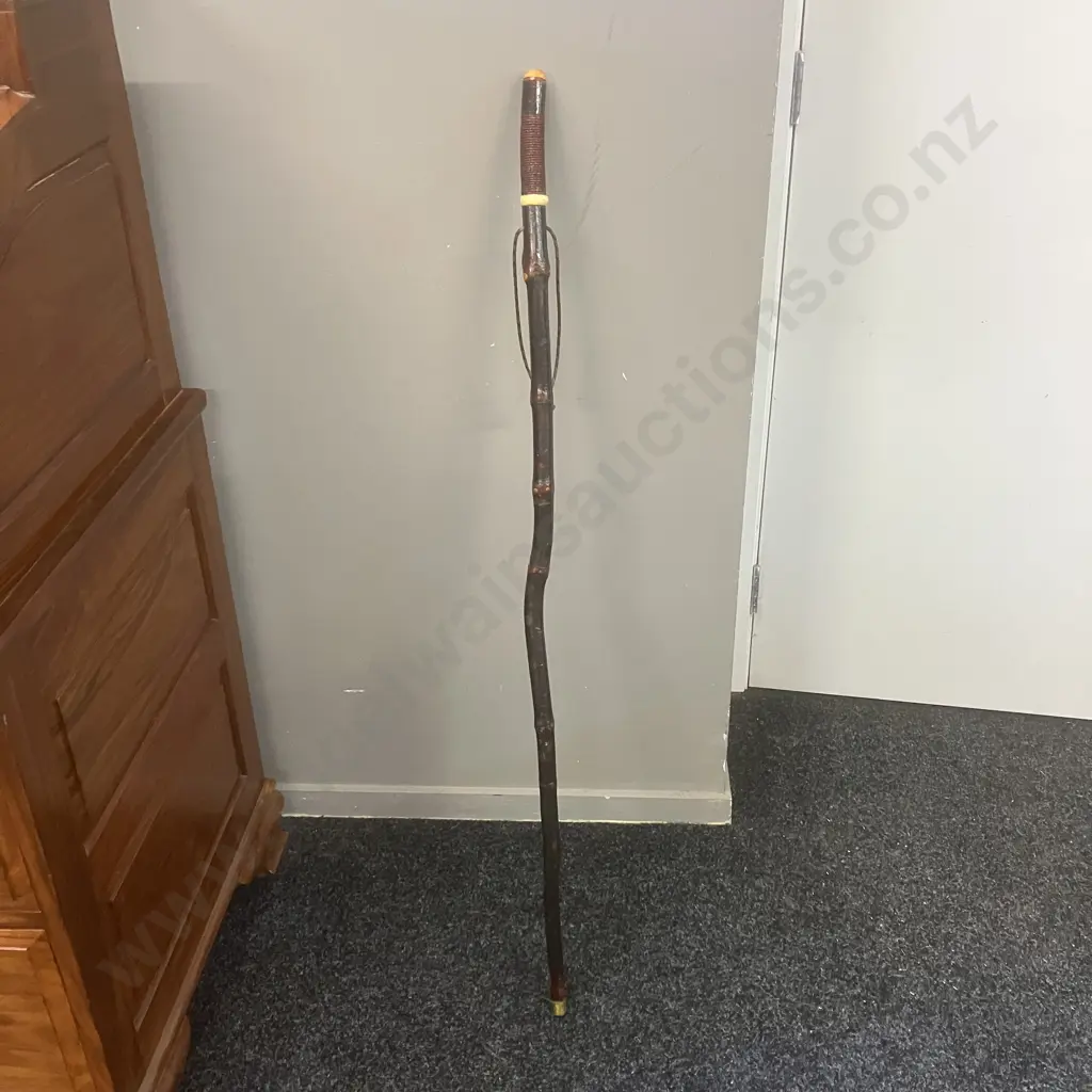Vintage Wooden Walking Stick With Woven Detailing At Top & Leather Strap. H113cm Image 1++