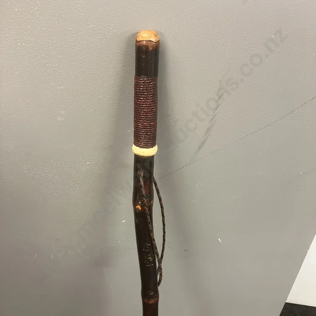 Vintage Wooden Walking Stick With Woven Detailing At Top & Leather Strap. H113cm Image 1++